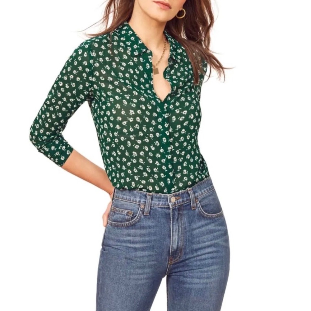 Reformation Violet Blouse Green Floral Long Sleeve Button Down Top Sz S Bohi